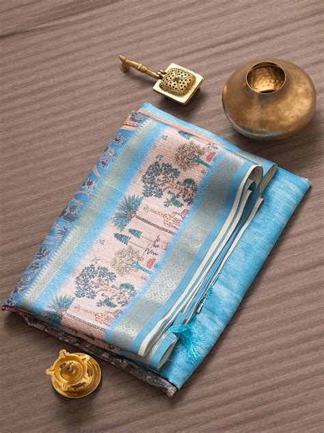 Women Sky blue Semi Tussar Printed Saree SS339