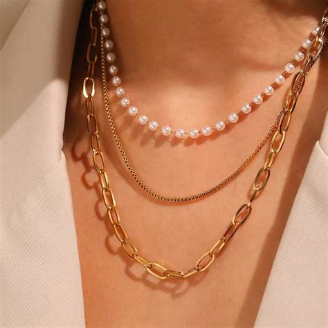 Gold & Pearl Layered Chain Necklace – Arzzbyfarha