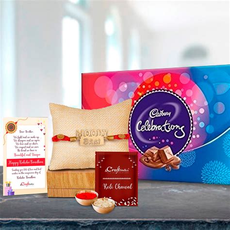 Designer Wooden Moddy Bhai Rakhi with Cadbury Celebrations Gift Pack of ...