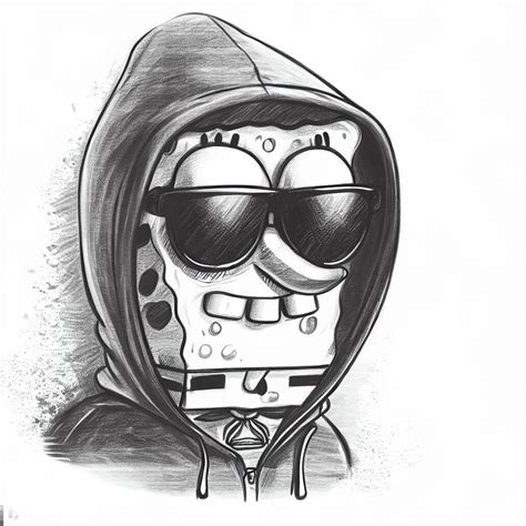 Spongebob as the unabomber's sketch, wearing sunglasses and a hoodie, realistic police sketch ...