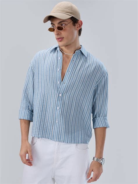 Slushy Dusty Blue Linear Striped Boxy Fit Crop Shirt – Vastrado
