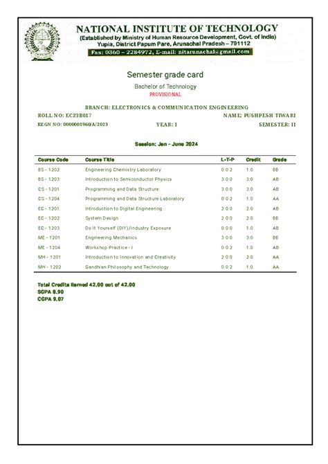 B.Tech II Semester Provisional Grade Card - EC23B017 - Studocu