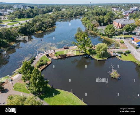 Aerial overhead view of the town of Riverhead New York located in ...