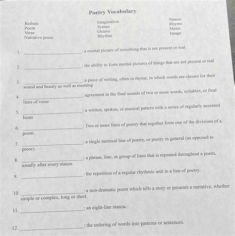 Solved: Poetry Vocabulary Stanza Refrain Imagination Rhyme Poem Syntax ...