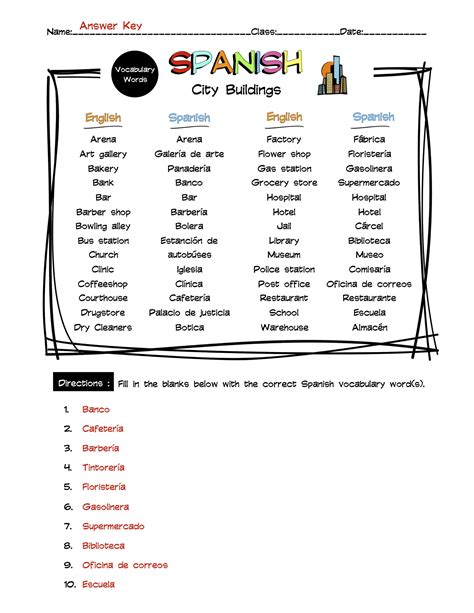 Spanish City Buildings Vocabulary Word List Worksheet & Answer Key ...