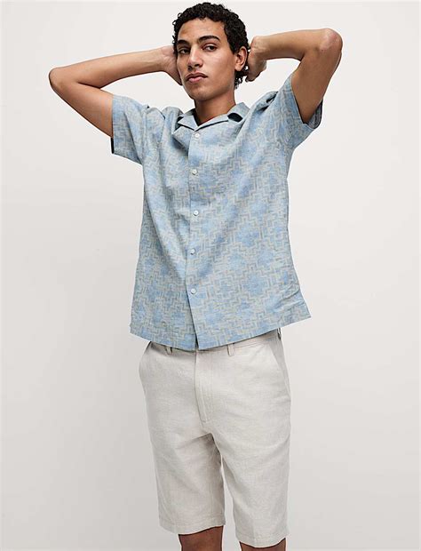Buy Linen Blend Geometric Print Short Sleeve Shirt at Marks & Spencer