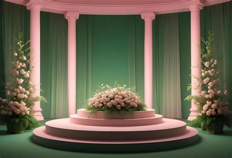 A stage with a green curtain and flowers on it | Premium AI-generated image