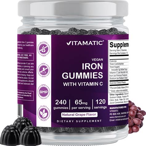 Vitamatic Iron Gummies 65 mg with Vitamin C Vegan Grape Flavor 240 ...