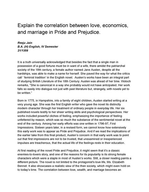 Explain the correlation between love, economics, and marriage in Pride ...