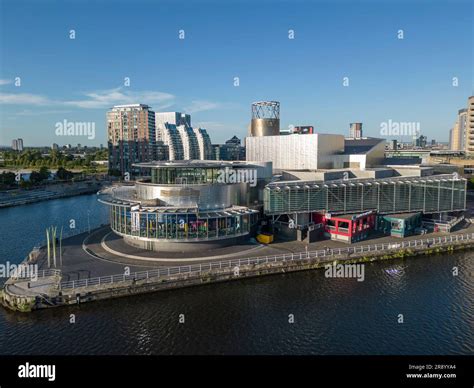 Aerial view of The Lowry Centre, Salford Quays revealing city of ...