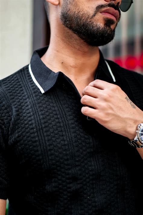 Black Embedded Texture Flat Knit Polo T-Shirt – Gritstones