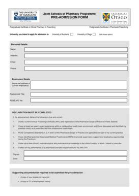 Fillable Online pharmacy otago ac PRE-ADMISSION FORM - School of ...