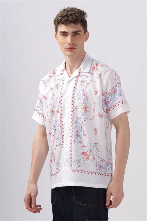 Men's white paisley border printed camp collar shirt for men printed ...