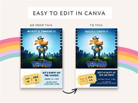 Dog Man Movie Ticket Birthday Party Invitation – Editable Canva ...