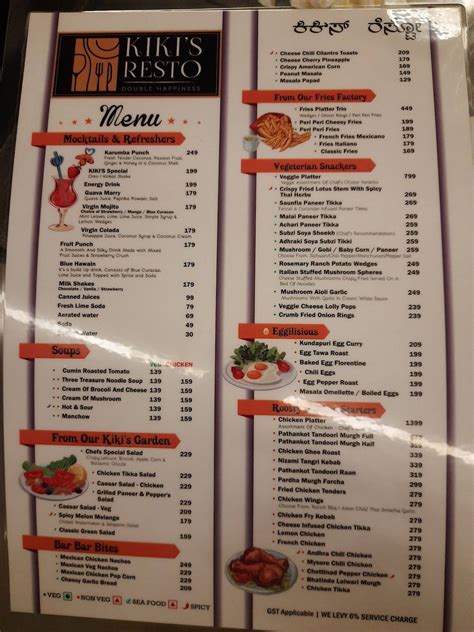 Menu at KIKI'S RESTO, Bengaluru