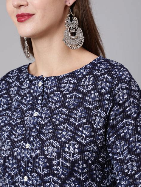 Women Navy Blue Printed Straight Kurta With Three Quarter Sleeves ...