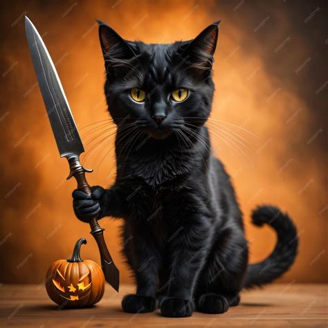 Halloween Black Cat Holding A Knife | Premium AI-generated image
