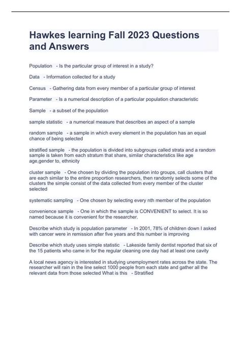 Hawkes learning Fall 2023 Questions and Answers - Hawkes Learning ...