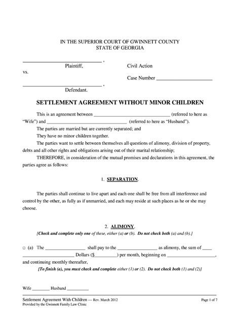 2012 Form GA Settlement Agreement Without Minor Children - Blank ...