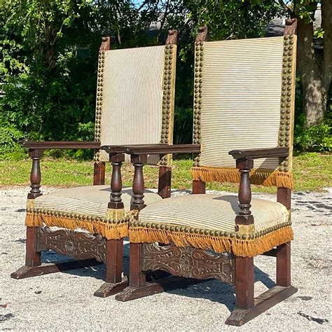 Vintage Boho Carved Spanish Ticking Stripe Chairs - a Pair at 1stDibs