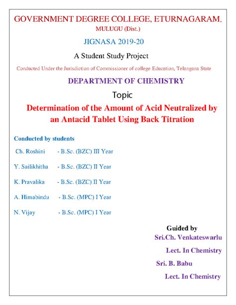 Determination of Acid Neutralization in Antacid Tablets - Chem Project ...