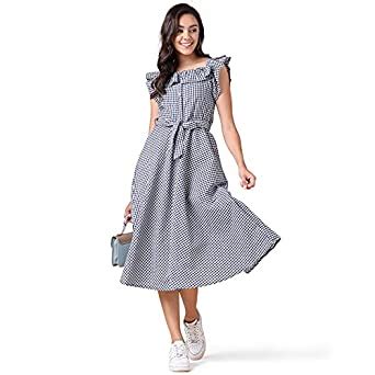 Buy ORLIN Women Cotton Checks Fit & Flared Knee-Length Dress (Black ...