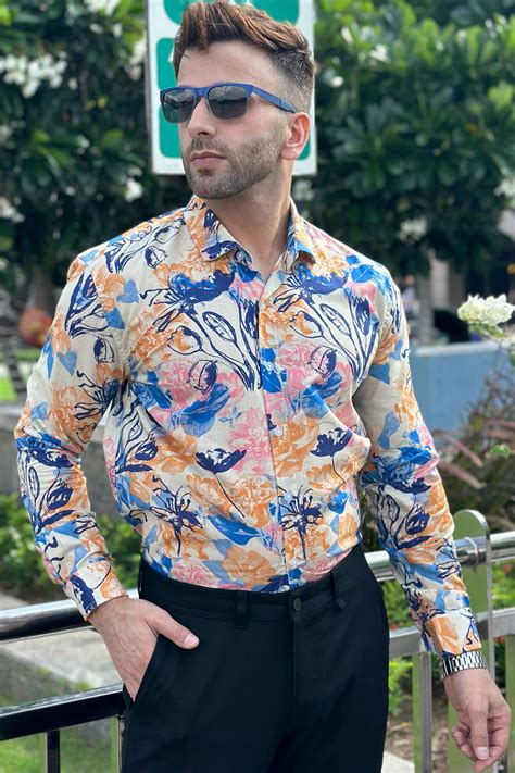 Gritstones White Blue Floral Cotton Shirt