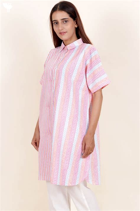 Cambric Cotton Boxy Shirt In Graphic Block Print