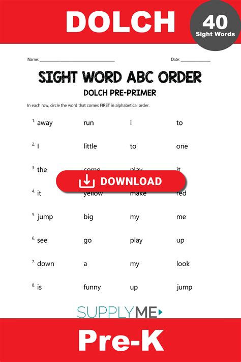 Pre primer dolch sight words worksheets word links pre k – Artofit