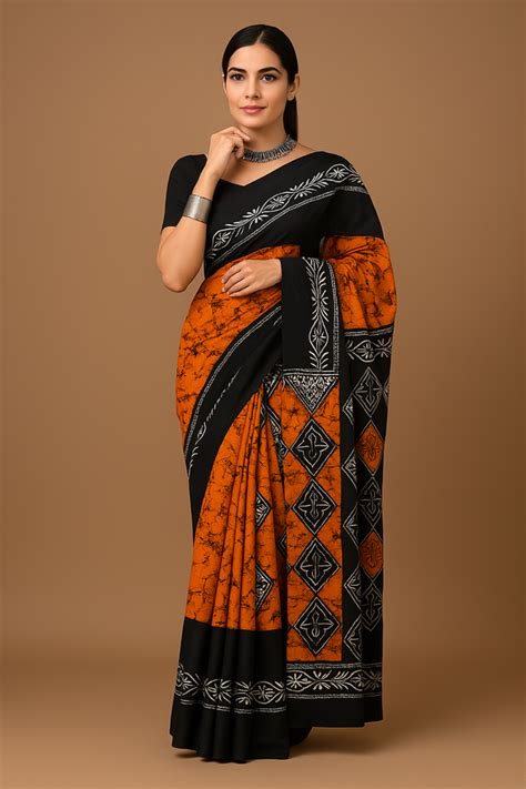 Black & Rust Orange Printed Saree with Tribal Motifs – Thebitiya