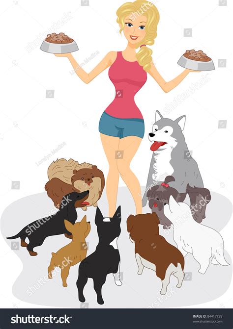 Illustration Of Young Woman Surrounded By Dogs