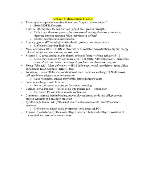 Lecture 17 - Lecture 17: Micronutrient Function Tissue synthesis ...