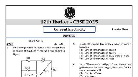Current Electricity Practice Sheet for 12th Hacker CBSE 2025 - Studocu