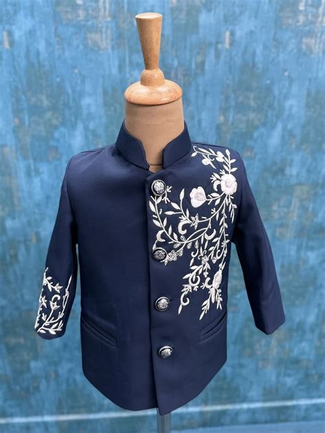 Midnight Blue Premium Fabric Silver Garden Embroidery Designer Prince