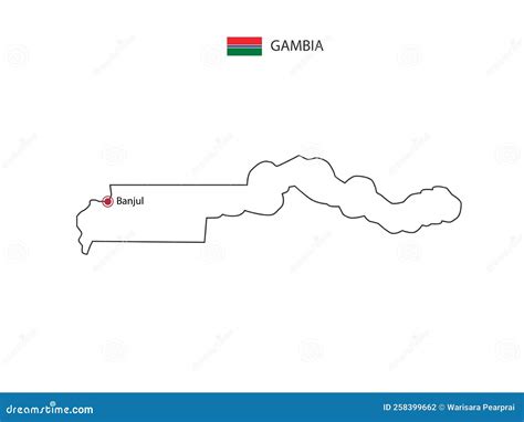 Hand Draw Thin Black Line Vector of Gambia Map with Capital City Banjul Stock Vector ...