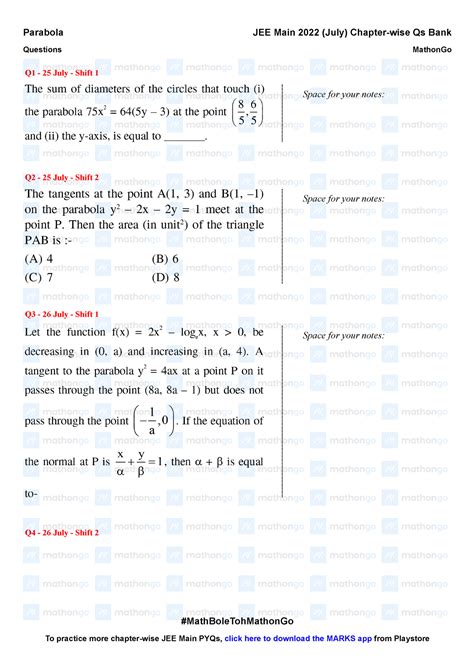 Parabola - Very good practice - Q1 - 25 July - Shift 1 Space for your ...