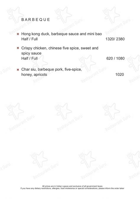 Menu at The Hong Kong Club, New Delhi