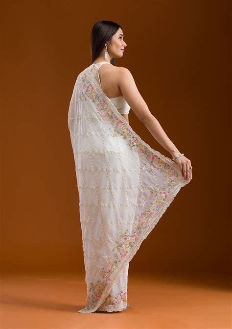 Buy White Stonework Tissue Saree - Koskii
