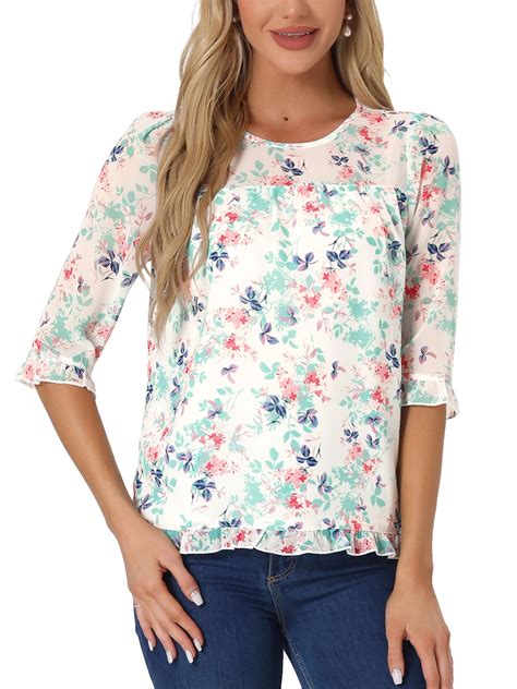 INSPIRE CHIC Women's Tops 3/4 Sleeves Ruffle Hem Floral Chiffon Shirt ...