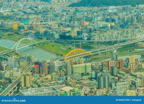 Aerial Panorama Over Taipei, Capital City of Taiwan, on a Blue S ...