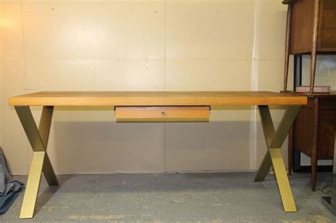 Walnut and Oak desk with x shaped legs For Sale at 1stDibs
