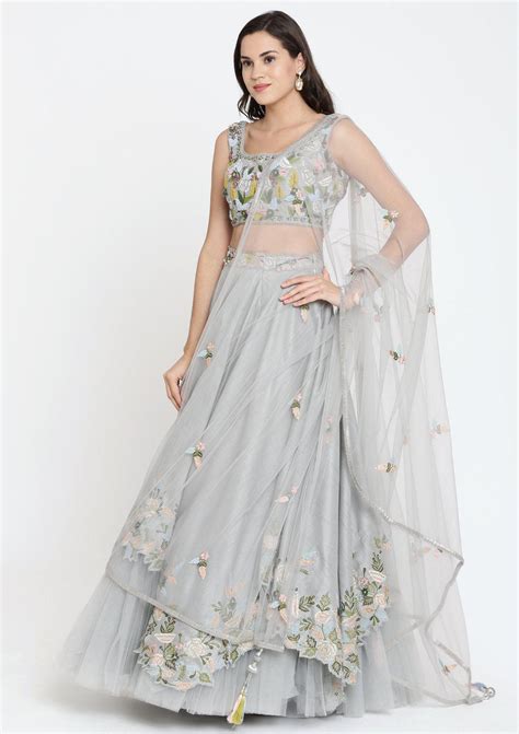 Buy Grey Thread Work Raw Silk Readymade Lehenga - Koskii