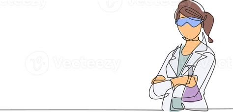 Single continuous line drawing young female scientist wearing goggling ...