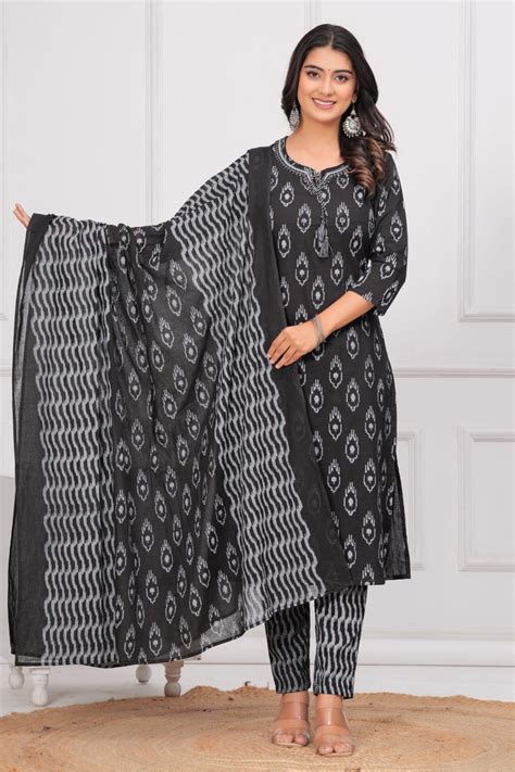 Classic Black & Grey Ikat Cotton Kurta Pant Dupatta Set – Qurbat