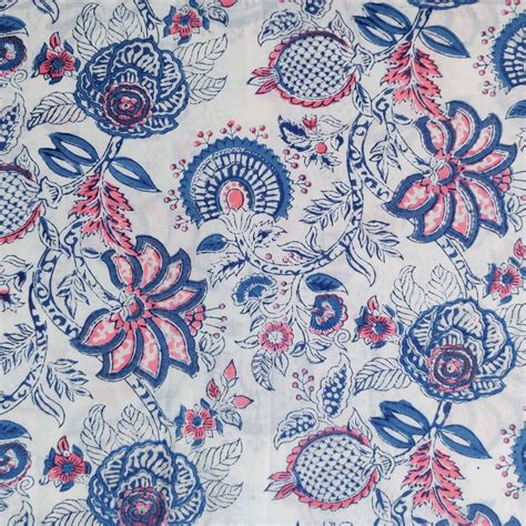 Pure Cotton White Jaipuri With Pink And Blue Wild Fruit Jaal Hand Bloc ...