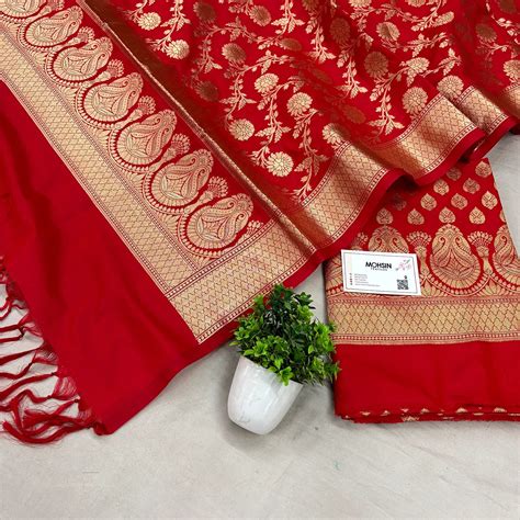 Red Gumbad Buti Katan Silk Banarasi Suit – Mohsin Textiles