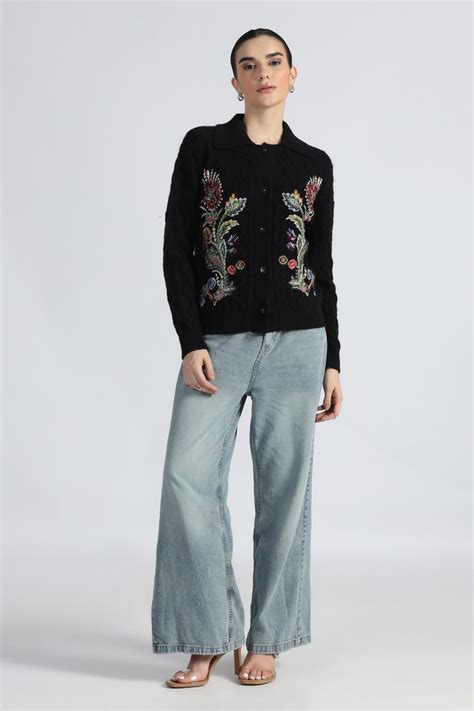 FLORAL EMBROIDERD CABLE KNIT POLO NECK CARDIGAN