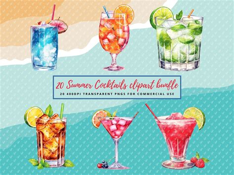 20 Summer Cocktail Clipart, Watercolor Cocktail Clipart Pack, Clipart ...