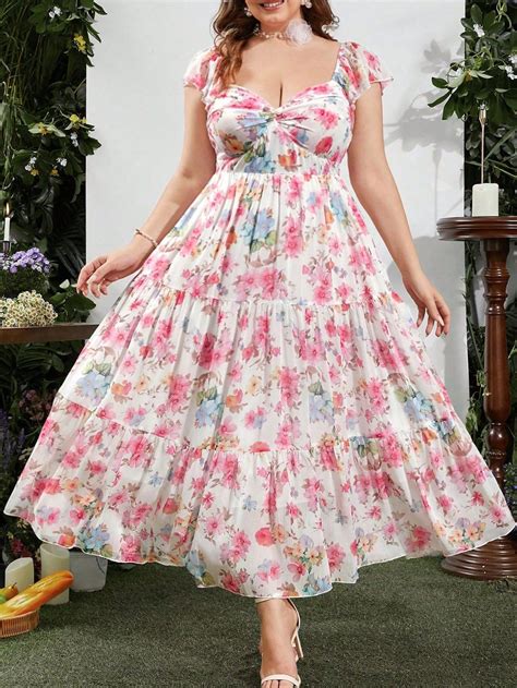 Sunnyshic Plus Size Flowy Printed Short Sleeve Chiffon Vacation Dress ...