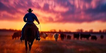 Cowboy on horseback rounding up cattle under a vibrant sunset sky ...